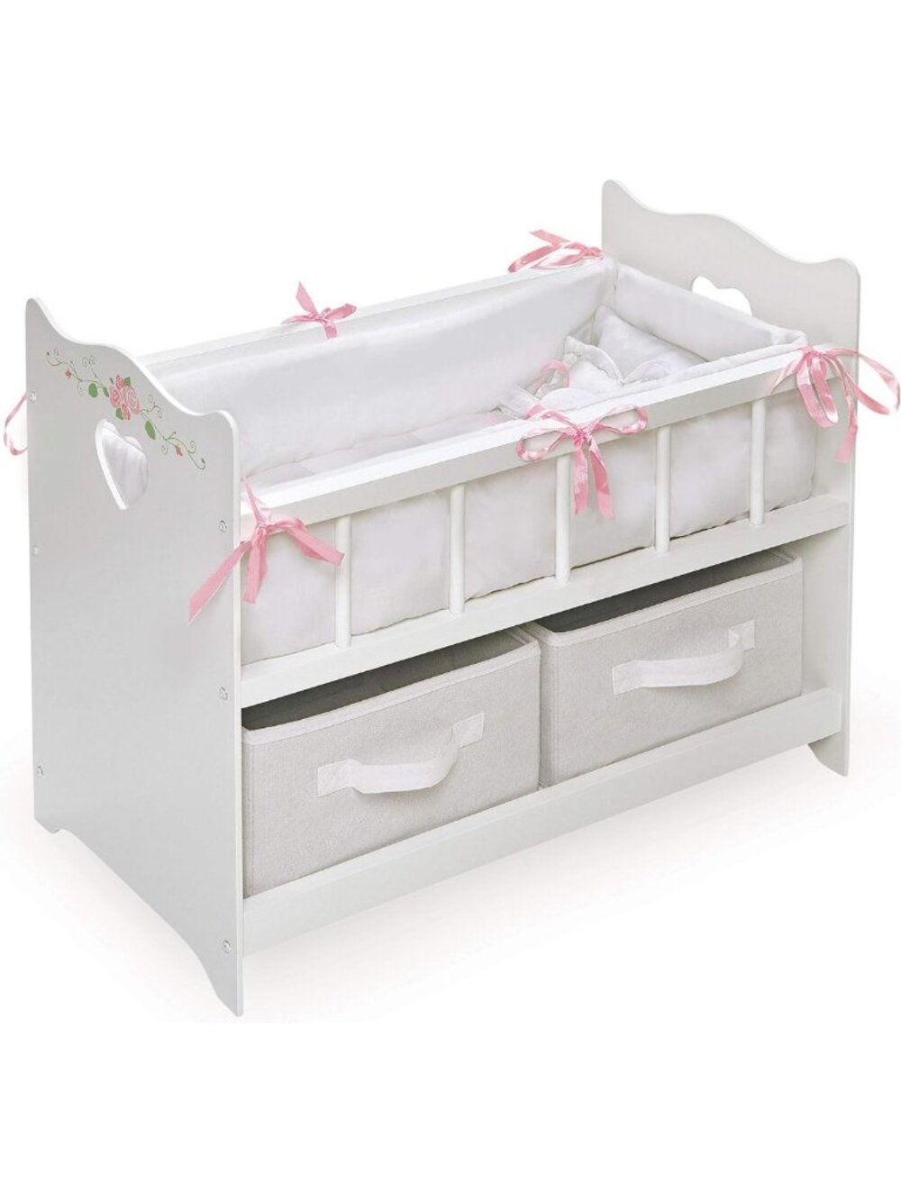 Wooden Doll Bed with Storage Baskets & Pillows - White/Rose - Perfect for Kids!